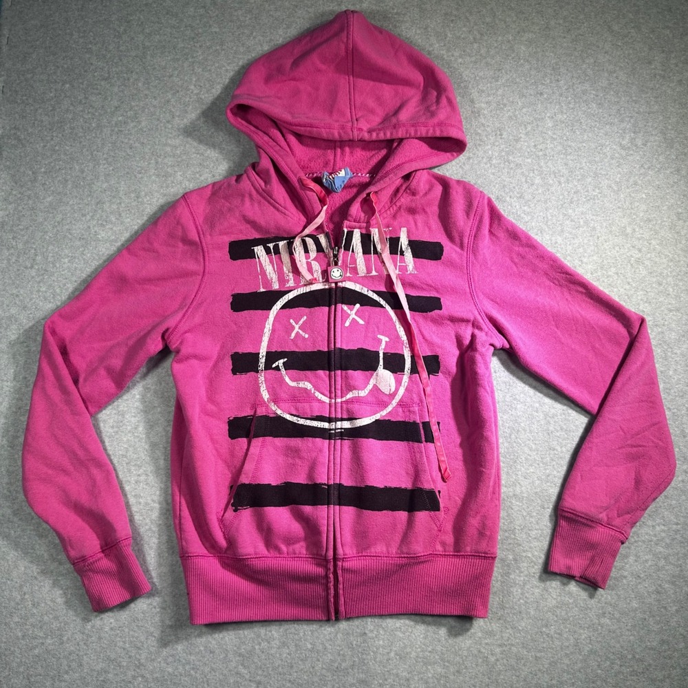 Chaser Nirvana Pink Striped Zip Up Hoodie Y2K Smiley Face Graphic Rock Band M